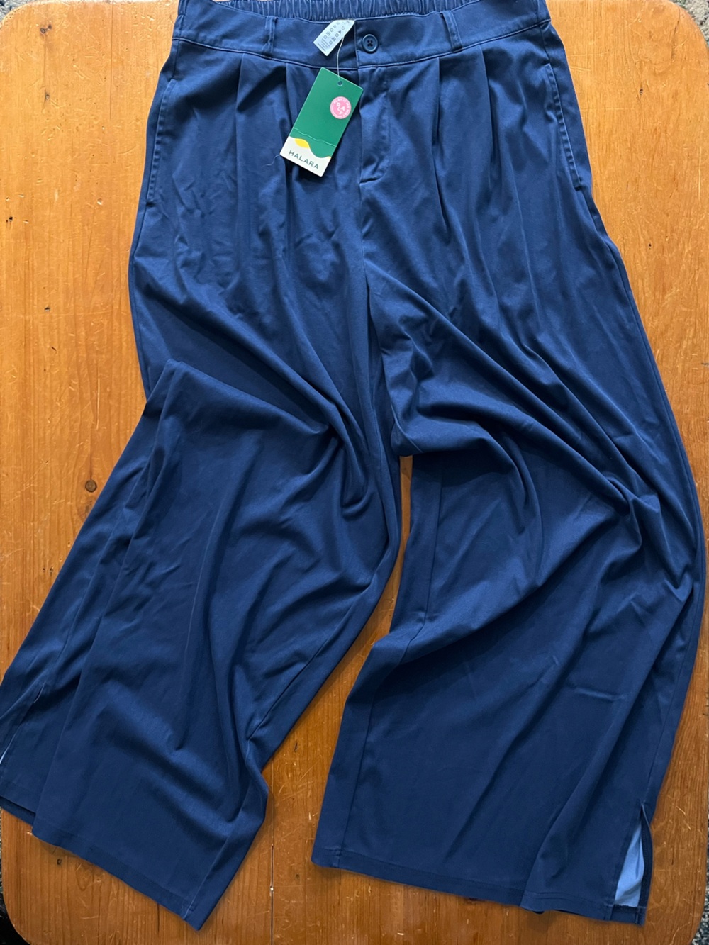 Halara High Rise Wide Leg Pleated Zip Fly Elastic Waist Lyocell Navy Pants Large
